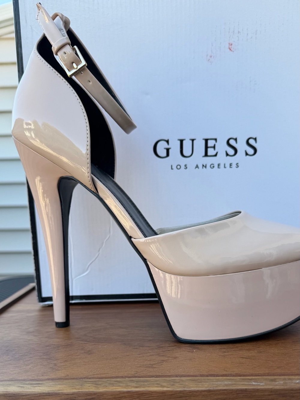 GUESS Nude Patent Platform Ankle-Strap Pump